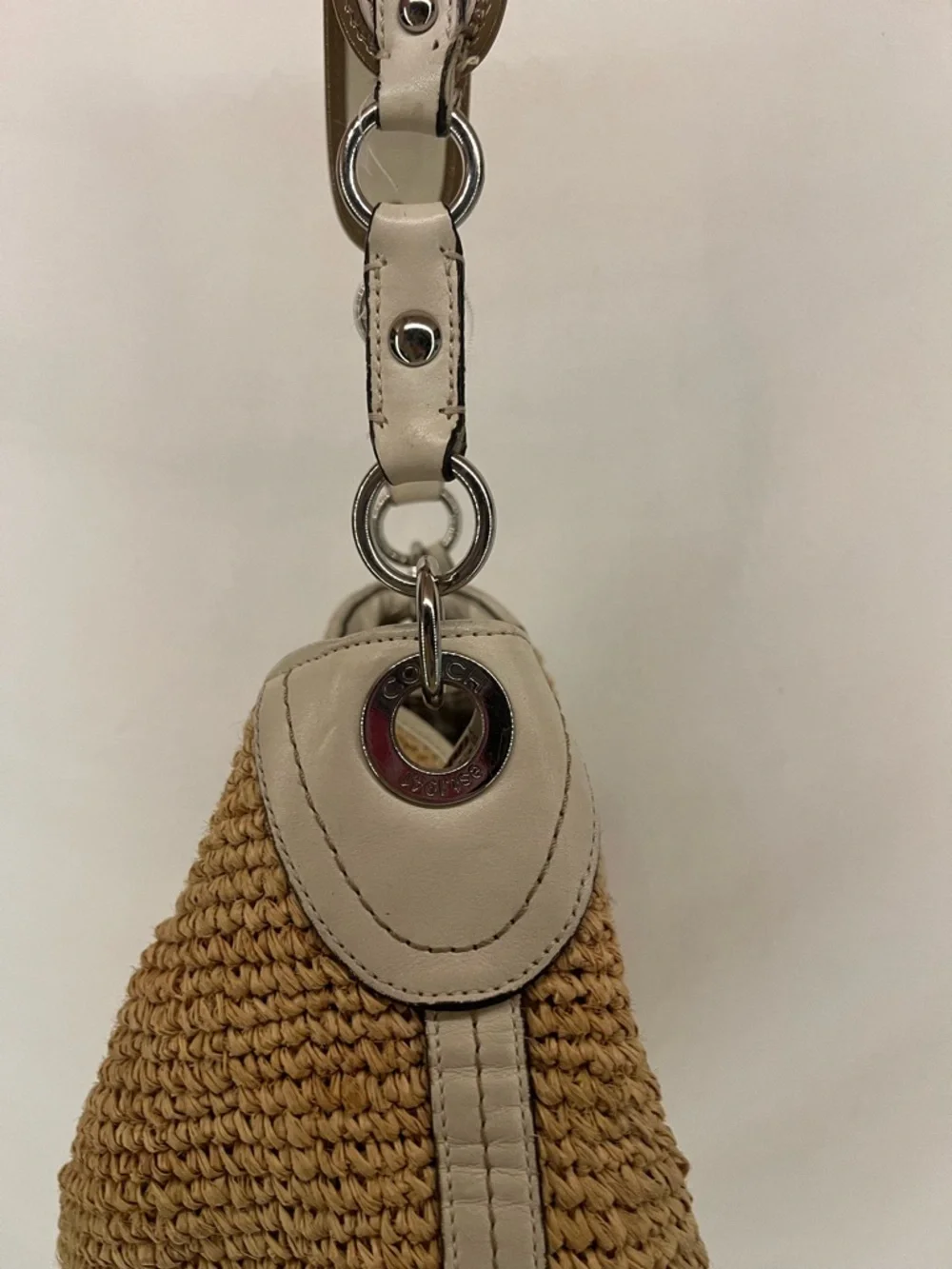 Vintage Y2K Coach Natural Straw White Leather Large Hobo Slouchy Shoulder Bag